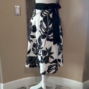 White House Black Market Silk Palm Print Circle Skirt with Waist Tie